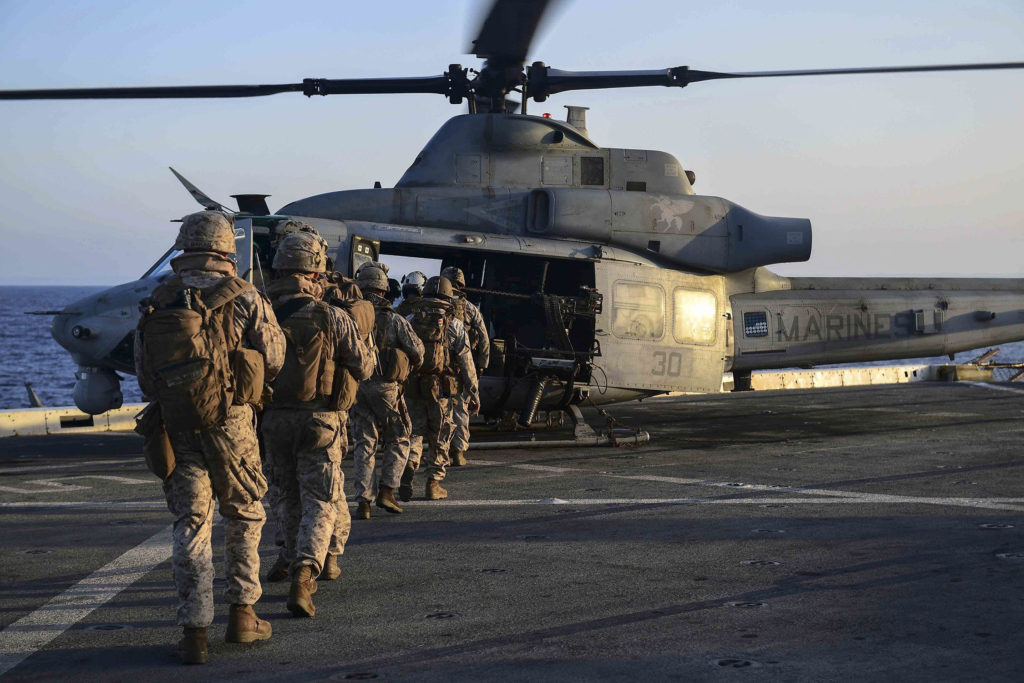 US Marines board a UH-1Y Venom helicopter
