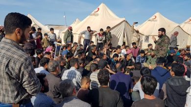 Jaysh al-Islam leader Issam Buedany at an IDP camp in Jarablus