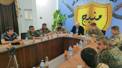 US and Coalition representatives meet with Manbij Military Council officials in Manbij, Syria