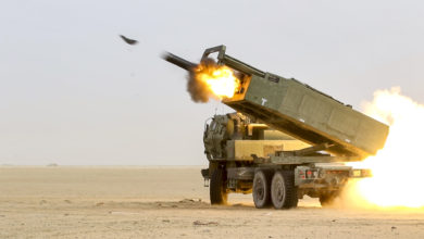 US Army soldiers fire a High Mobility Artillery Rocket System (HIMARS) during a joint live-fire exercise.