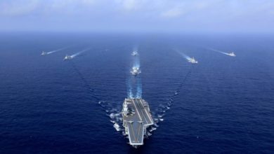 China's Liaoning aircraft carrier (C) sailing during a drill in the South China Sea, April 18, 2018. Photo: AFP/Getty Images