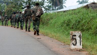 Democratic Republic of Congo soldiers march on December 31, 2013 in Eringeti towards the front line in Beni to fight against the Allied Democratic Forces.