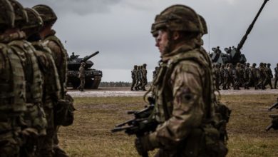 US troops marching in NATO welcome ceremony in Orzysz, Poland on April 13, 2017.