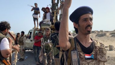 Fighters loyal to Yemen's Southern Transitional Council gather at the frontline during clashes with pro-government forces in Abyan province