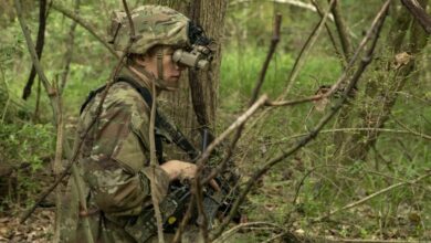 A US Army Cavalry scout wears the enhanced night vision goggle-binocular, or ENVG, while pulling security duty during training at Fort Polk, La