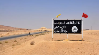 An IS billboard in the central Syrian town of Al-Sukhnah