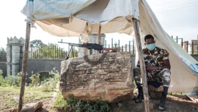 A member of Tigray police is pictured at a checkpoint in the outskirts of Mekele on the day of Tigray's regional elections, on September 9, 2020