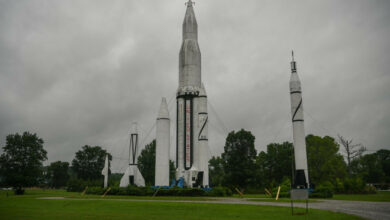 The V-2 rocket and Saturn I rocket at Rocket Park on July 2019, at NASA's Marshall Space Flight Center in Huntsville, Alabama.