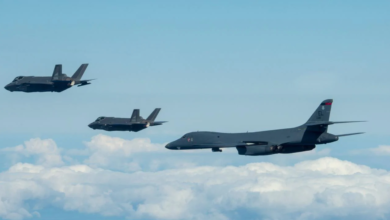 US Air Force B-1B bombers train alongside a Norwegian Air Force F-35A