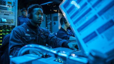 Sonar Technician (Surface) 2nd Class Dontreal Brown, from Leesburg, Fla., stands watch as an acoustic sensor operator during an anti-submarine warfare exercise in the sonar control room aboard the Arleigh Burke-class guided-missile destroyer USS Milius (DDG 69) during Annual Exercise (ANNUALEX) 19