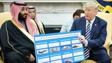 US President Donald Trump holds a defense sales chart with Saudi Arabia's Crown Prince Mohammed bin Salman in the Oval Office of the White House on March 20, 2018 in Washington, DC