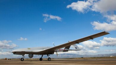 A Turkish-made Bayraktar TB2 drone at Geçitkale military air base near Gazimağusa (Famagusta) in the Turkish Republic of Northern Cyprup, 2019.