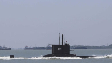 This photo taken on October 5, 2017, shows the Indonesian Cakra submarine KRI Nanggala sailing out from the port in Cilegon, Banten.