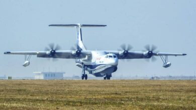 China's home-grown AG600, the world's largest amphibious aircraft in production, also known as 'Kunlong', is seen at Jinwan Airport in Zhuhai in China's southern Guangdong province on December 24, 2017