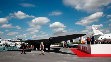 A model of the French-German-Spanish Future Combat Air System aircraft sits on the tarmac during the 53rd Paris Air Show on June 17, 2019