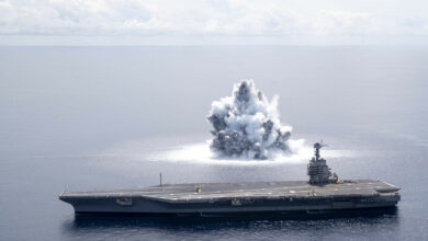 The aircraft carrier USS Gerald R. Ford (CVN 78) completes the first scheduled explosive event of Full Ship Shock Trials while underway in the Atlantic Ocean, June 18, 2021