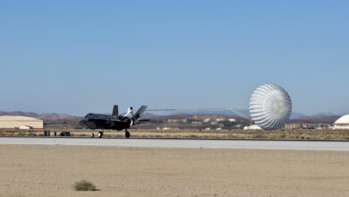 The F-35A, AF-4, can be seen outfitted with a spin recovery chute (SRC) during High Angle of Attack testing accomplished by the F-35 Integrated Test Force team at Edwards Air Force Base, California
