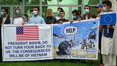 Afghan former interpreters for the US and NATO forces demonstrate in Kabul in April after US President Joe Biden announced the US withdrawal from the country