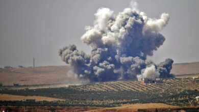 An air strike, reportedly by Syrian regime forces, hits rebel-held areas of the city of Daraa in southern Syrian