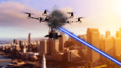 The High-Energy Laser for Multiple Application – Power (HELMA-P) drone neutralization illustration