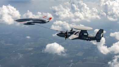 Boeing’s MQ-25 T1 refuels a US Navy E-2D command and control aircraft.