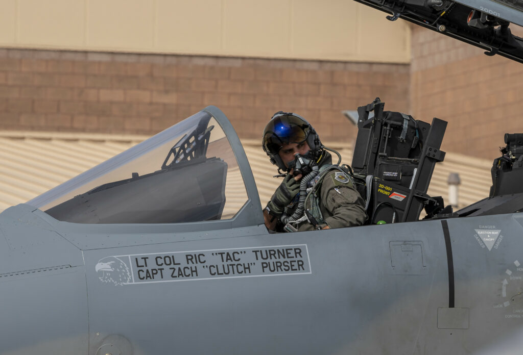 Maj. Kevin Hand, F-15EX operational and experimental test pilot with the Air National Guard-Air Force Reserve Test Center, prepares to taxi out for a mission from Nellis Air Force Base, Nevada, Oct. 20, 2021. Hand will be flying the F-15EX Eagle II for test and evaluation flights for the Air Force’s newest fighter jet.