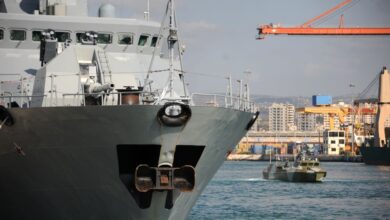 A Russian ship pictured at Russia's naval base in the Syrian Mediterranean port of Tartus