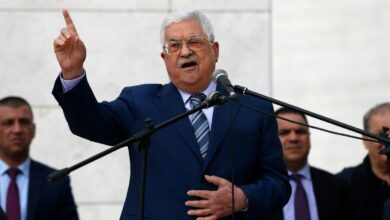 Palestinian President Mahmoud Abbas gives a speech