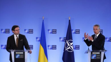 NATO Secretary General Jens Stoltenberg and Ukraine's Foreign Minister Dmytro Kuleba give a press conference