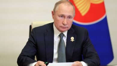 Russian President Vladimir Putin attends an ASEAN summit via a video link at his residence outside Moscow