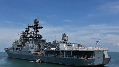 The Russian destroyer Admiral Panteleyev is seen off the waters of Belawan during a joint exercise between the Indonesian Navy, the Russian Navy and Asean members