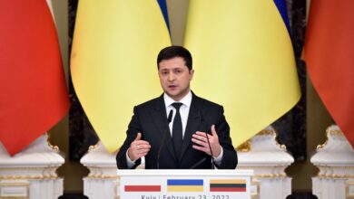 Ukrainian President Volodymyr Zelensky speaks at a press conference