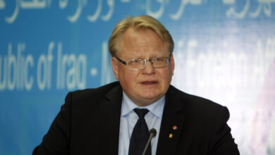 Swedish Defense Minister Peter Hultqvist speaks during a press conference