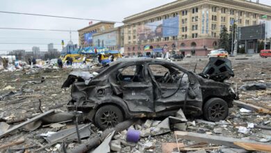 A view of the square outside the damaged local city hall of Kharkiv on March 1, 2022, destroyed as a result of Russian troop shelling