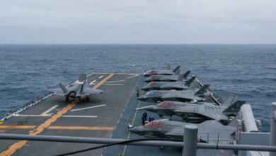 F-35B Lightning II aircraft attached to Marine Operational Test and Evaluation Squadron 1 takes off aboard amphibious assault ship USS Tripoli