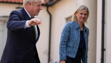 Boris Johnson is greeted by Magdalena Andersson