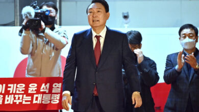 South Korea’s new president, Yoon Suk Yeol, outside the headquarters of his People Power Party in Seoul