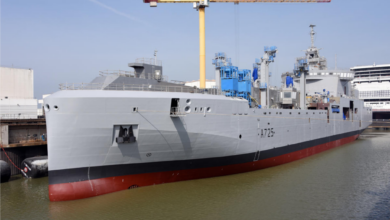 Launching of the Jacques Chevallier, the first of four new logistic support ships for the French Navy