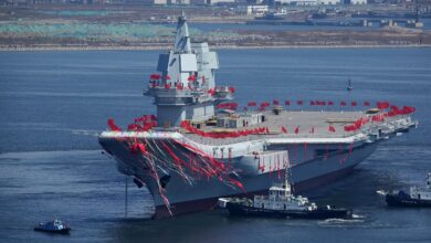 The Chinese Type 001A aircraft carrier is seen during a launch ceremony at Dalian shipyard in Dalian, China