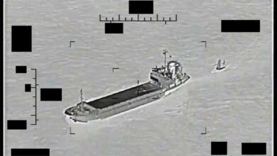 Screenshot of a video showing support ship Shahid Baziar, left, from Iran's Islamic Revolutionary Guard Corps Navy unlawfully towing a Saildrone Explorer unmanned surface vessel in international waters of the Arabian Gulf, Aug. 30.