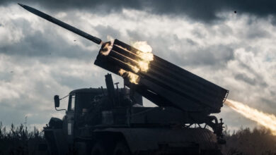 rocket is launched from a truck-mounted multiple rocket launcher towards Russian positions in Kharkiv
