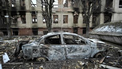 A military facility that was destroyed by recent shelling in the city of Brovary, outside Kyiv