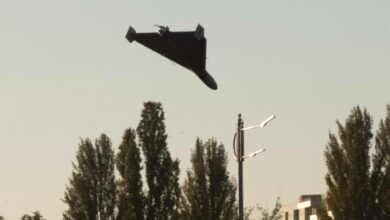 A drone approaches for an attack in Kyiv