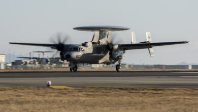 A U.S. Navy E-2D Advanced Hawkeye with Carrier Airborne Early Warning Squadron (VAW) 125, lands at Marine Corps Air Station Iwakuni, Japan, Feb. 2, 2017. VAW-125 arrived at MCAS Iwakuni from Naval Station Norfolk, Va. The E-2D Advanced Hawkeye is equipped with the most advanced airborne radar in the world, possessing systems which increase the capabilities to defend Japan and provide security in the Indo-Asia-Pacific region. (U.S. Marine Corps photo by Cpl. Aaron Henson)