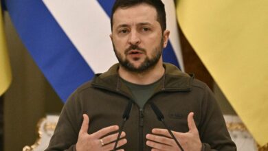 Ukrainian President Volodymyr Zelensky speaking at an event
