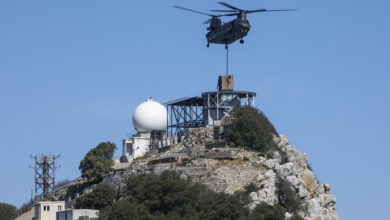 A RAF Odiham Chinook delivers radar equipment to the top of the Rock of Gibraltar.