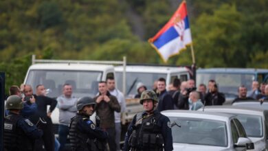 Kosovo police special units secure the area near the Jarinje border crossing on September 20, 2021