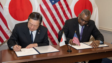 Secretary of Defense Lloyd J. Austin III speaks with Japanese Defense Minister Yasukazu Hamada during a bilateral exchange at the Pentagon Washington, D.C., Jan 12, 2023. (DoD photo by U.S. Air Force Tech. Sgt. Jack Sanders)