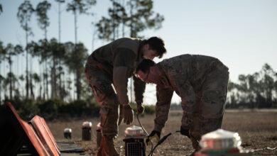 U.S. Airmen assemble an Expeditionary Airfield Lighting System (EALS-C) during the first-ever Mission Essential Equipment Training course held at Tyndall Air Force Base, Florida, Jan. 27, 2023. The MEET course familiarized Airmen with the EALS-C, a revolutionary lighting system that outshines its predecessor in timeliness, safety and efficiency. (U.S. Air Force photo by Senior Airman Anabel Del Valle)