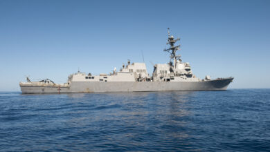 The guided-missile destroyer USS Nitze (DDG 94) transits the Arabian Sea. Nitze is deployed to the U.S. 5th Fleet area of responsibility conducting maritime security operations, theater security cooperation efforts and support missions as part of Operation Enduring Freedom. (U.S. Navy photo by Mass Communication Specialist 3rd Class Jeff Atherton)